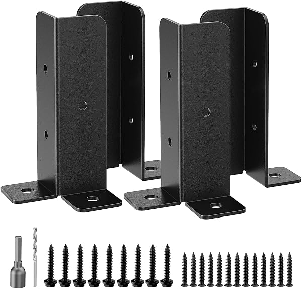 WELDUN 4 Pack Fence Post Brackets, Adjustable Fence Post Base with Screws, Black Thick Fence Post Support, Wood Stake, Fence, Pergola Metal Fence Repair Bracket Kit - 1