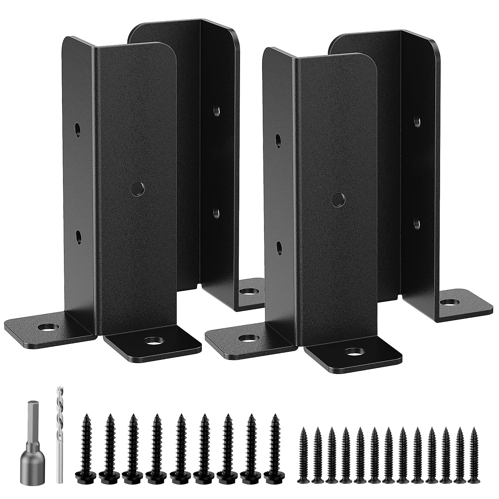 WELDUN 4 Pack Fence Post Brackets, Adjustable Fence Post Base with Screws, Black Thick Fence Post Support, Wood Stake, Fence