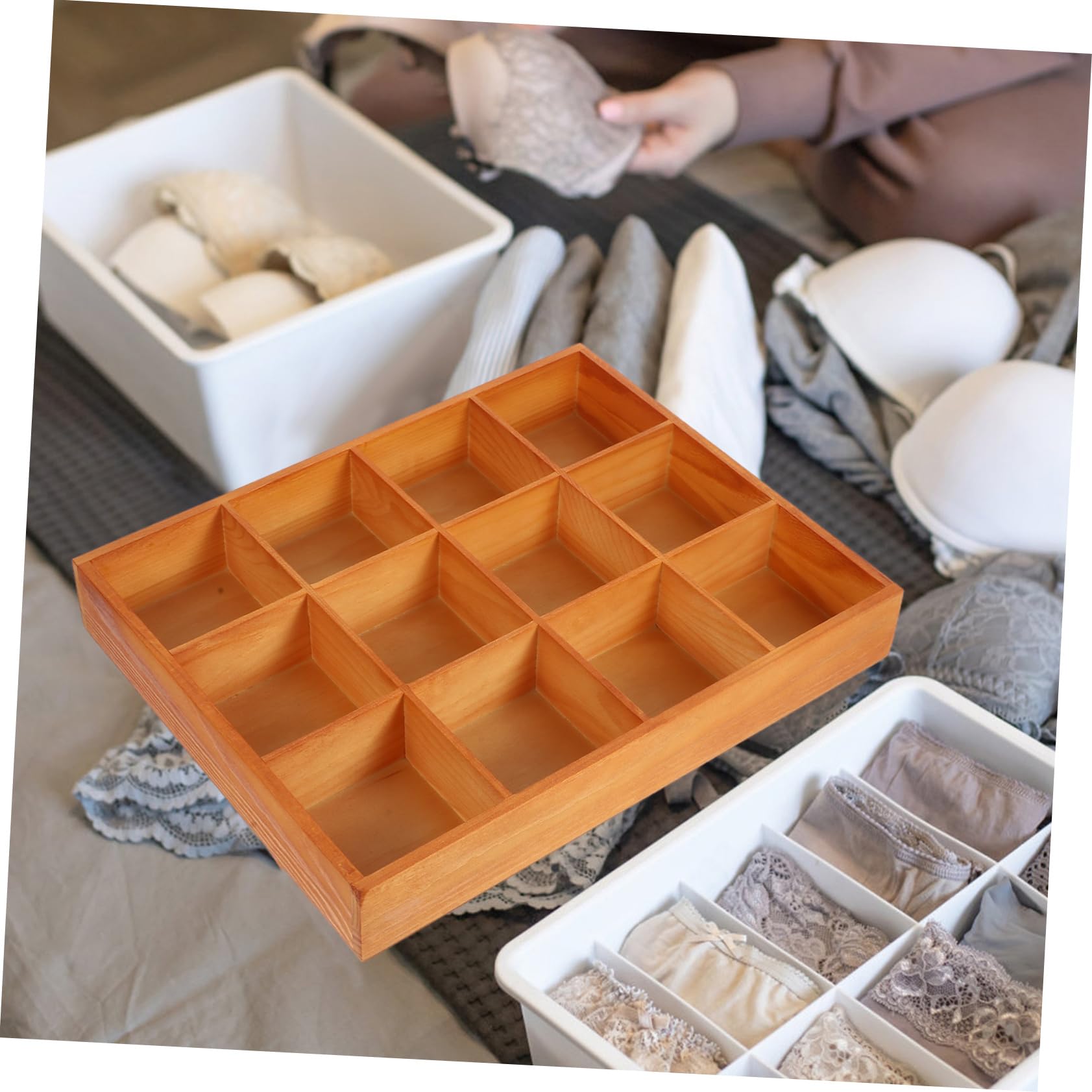 VICASKY Organizer Cassetto in Legno per Guardaroba, 12 Scomparti, Contenitore per Calzini, Biancheria Intima e Cravatte, Resiste alla Deformazione