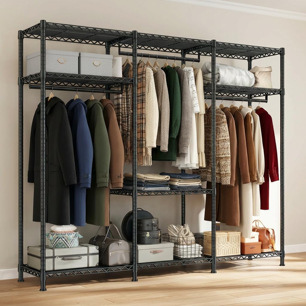 Raybee Heavy Duty Clothes Rack Load 800 LBS, Adjustable Clothing Racks for Hanging Clothes, Clothing Rack with Shelves for Bedroom,Basement 56''W x 15.7''D x 75.4''H, Black