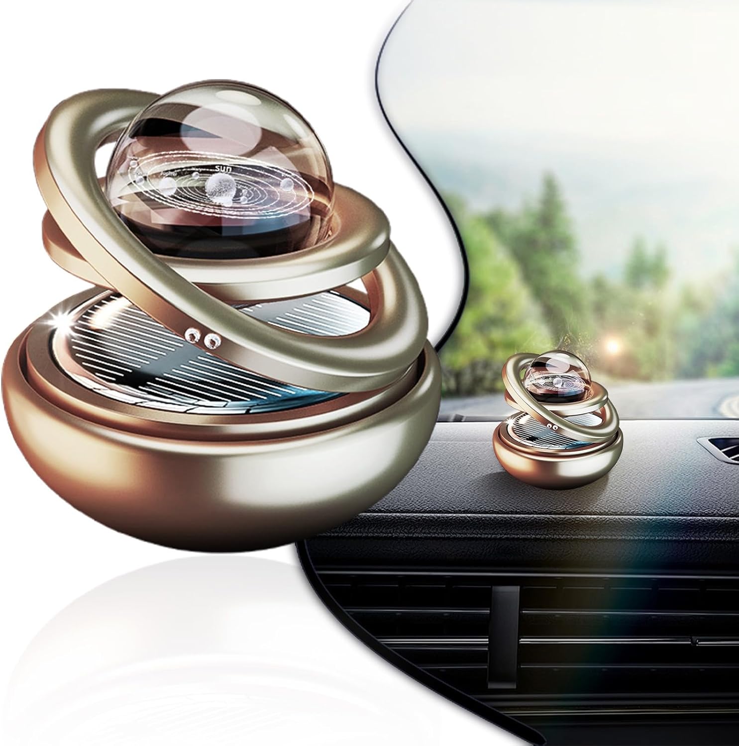 Solar Powered Car Air Freshener, Rotating Crystal Ball Dashboard Diffuser with Ocean Scent, Auto-Rotating Decorative Accessory, for Car Interior Dashboard (Gold, One size)
