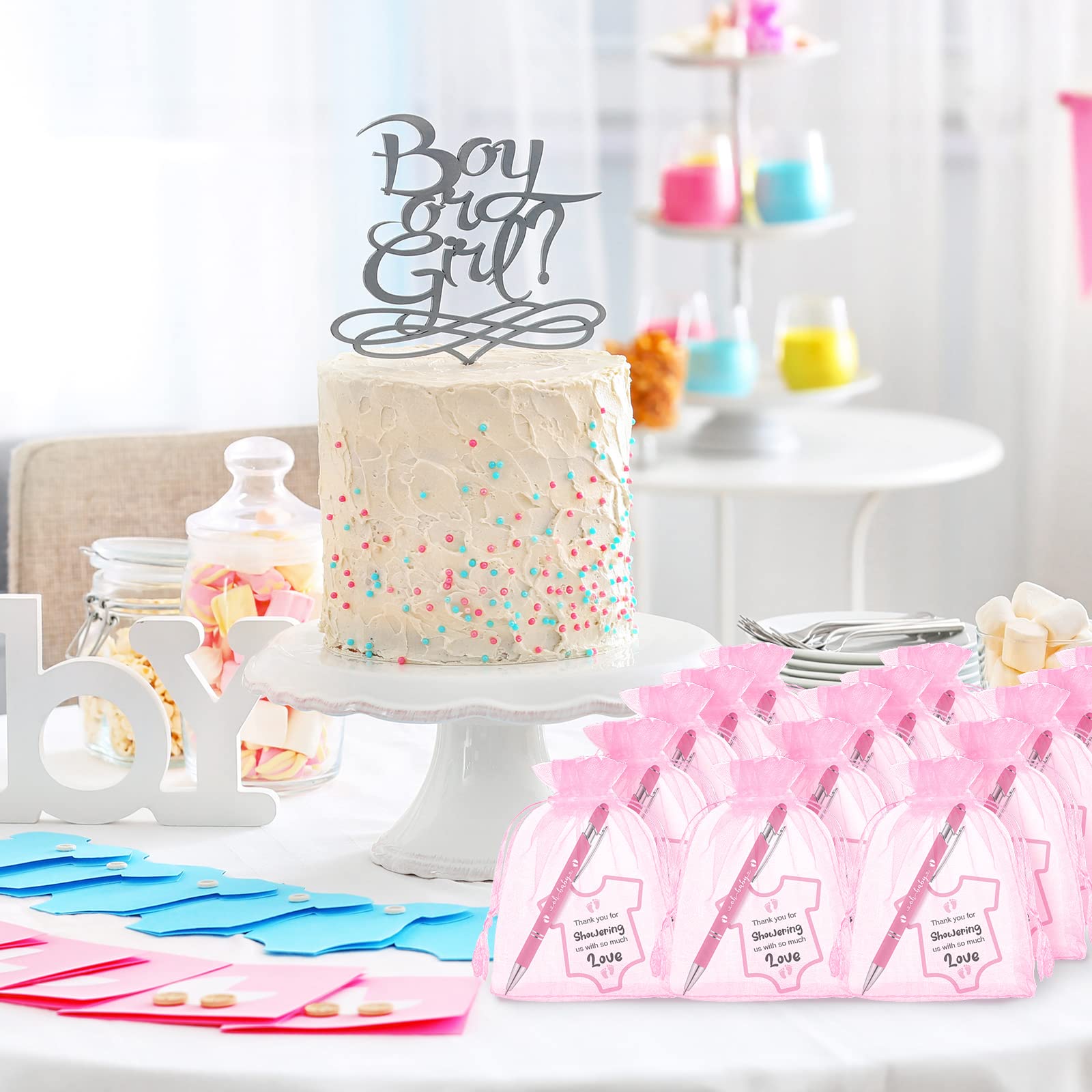 Colarr 108 szt. upominków na baby shower dla gości, zawiera 36 rysików do baby shower, 36 szt. kart dla dziewczynki, 36 szt. torebek z organzy, na baby shower, ujawnienie płci, prezenty dla gości