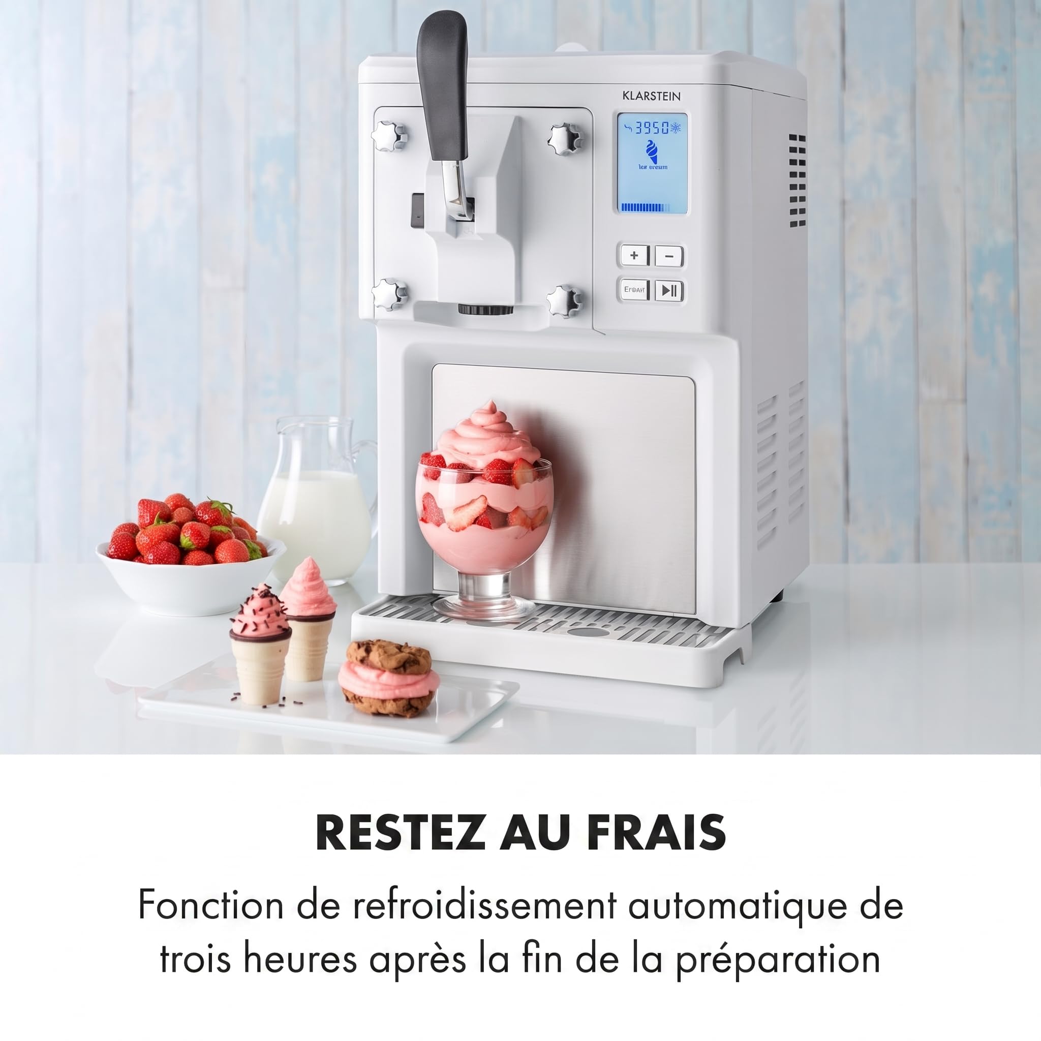 Klarstein Sweet Sundae Machine à glace italienne à compresseur – sans pré-refroidissement | Sorbetière 1,5 L, glace prête en 40 min, distributeur & nettoyage automatique, Inox, Blanc