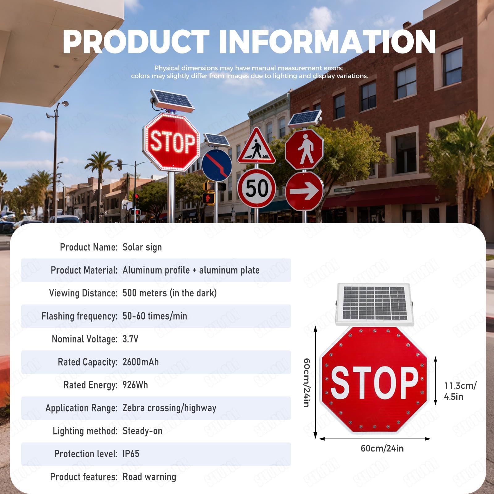 Señal de Stop de 60 cm (24") con Energía Solar, Luz de Stop Intermitente LED, Señal de Tráfico Octogonal, Película Reflectante de Grado Ingeniero - Ideal para Entradas de Vehículos y Escuelas