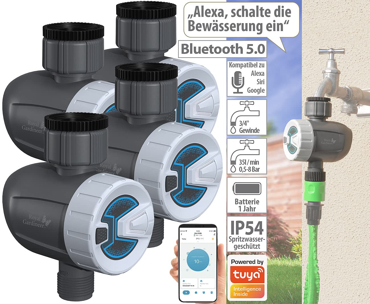 Royal Gardineer Wasser-Ventil, Bluetooth: 4er-Set smarte programmierbare Bewässerungscomputer mit BT & App (Bewässerungscomputer App Steuerung, Gartenbewässerung, Home)