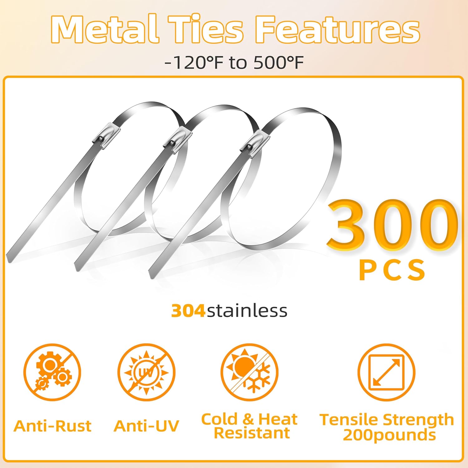 Stainless Steel Cable Tie Gun, 300PCS 304 Metal Zip Ties Heavy Duty Outdoor, 200LBS Tensile Strength & UV Resistant for Vehicles Exhaust Wrap Wire Fence Chicken Coop