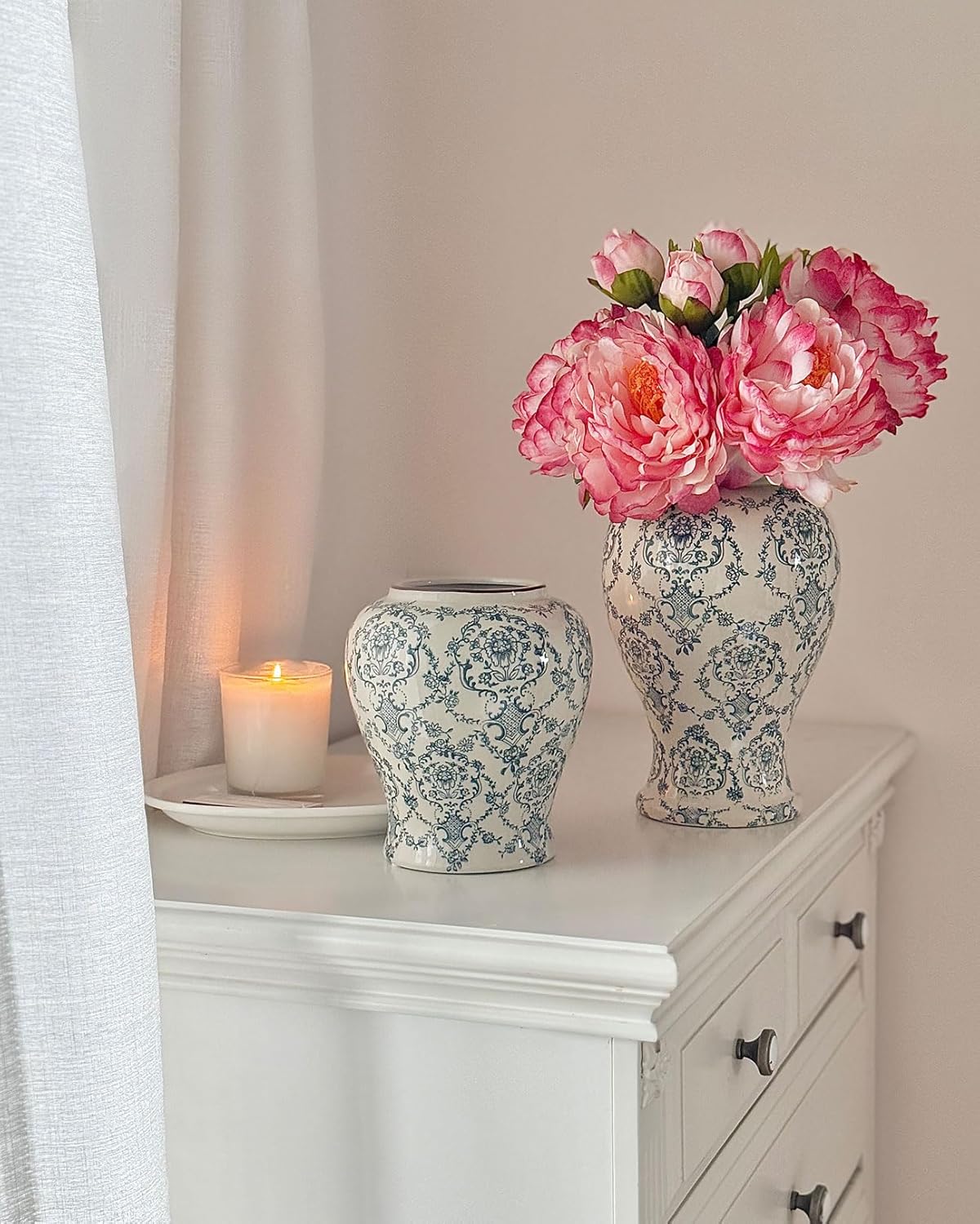 Vintage Chinoiserie Ginger Jar Ceramic Vase, Decorative Porcelain Flower Vase for Centerpiece Living Room Table Shelf, Retro Country Decor - Image 5