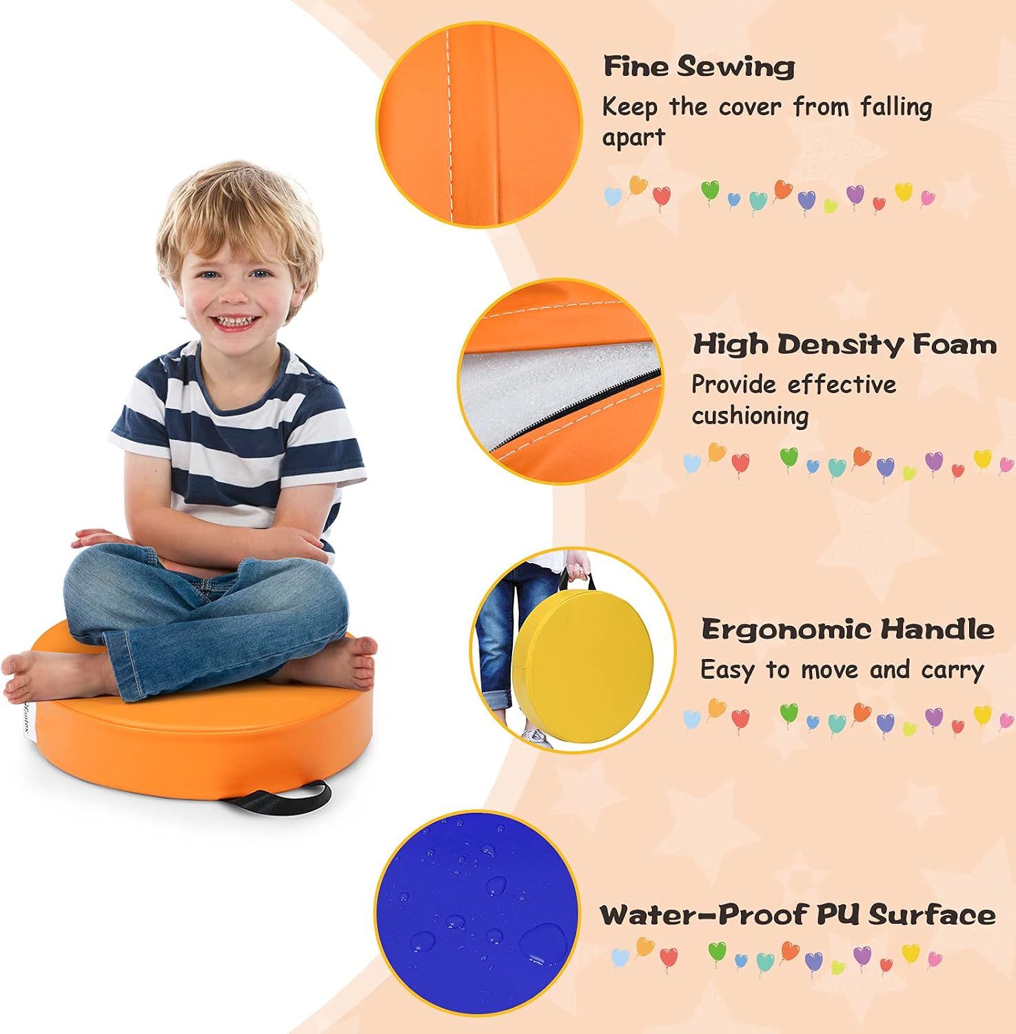 Gotoplay Kids Floor Cushions with Handle, 6PCS 15 Inch Flexible Round Floor Cushions, 3 Inch Thick Soft Foam Seating for Home School Classroom Kindergarten Daycare Nursery