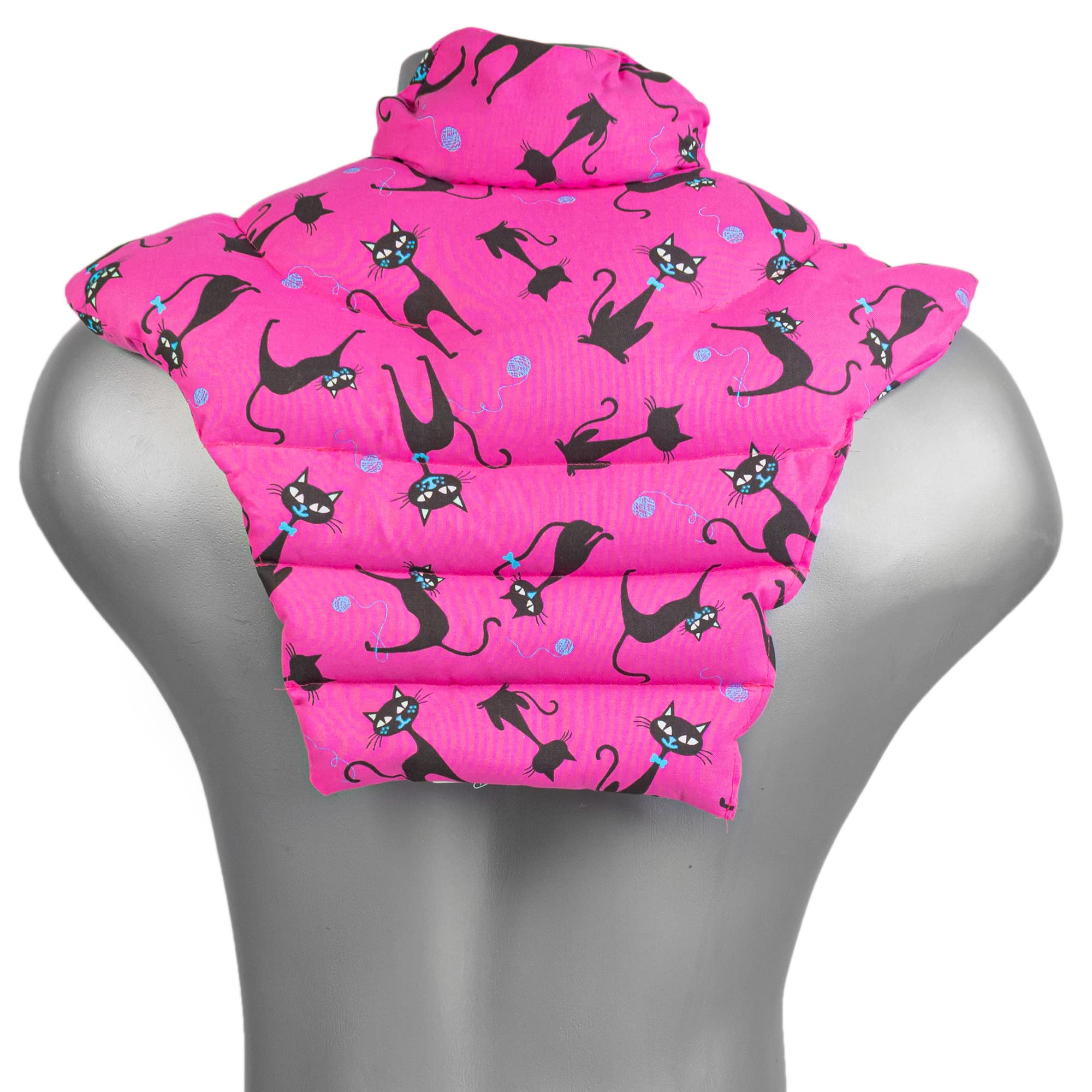 Coussin cervical HWS - Tour de cou pour vertèbres cerivicales avec col montant et partie dorsale - chat noir - fuchsia - Bouillotte sèche pour four et micro-ondes - Grains de blé