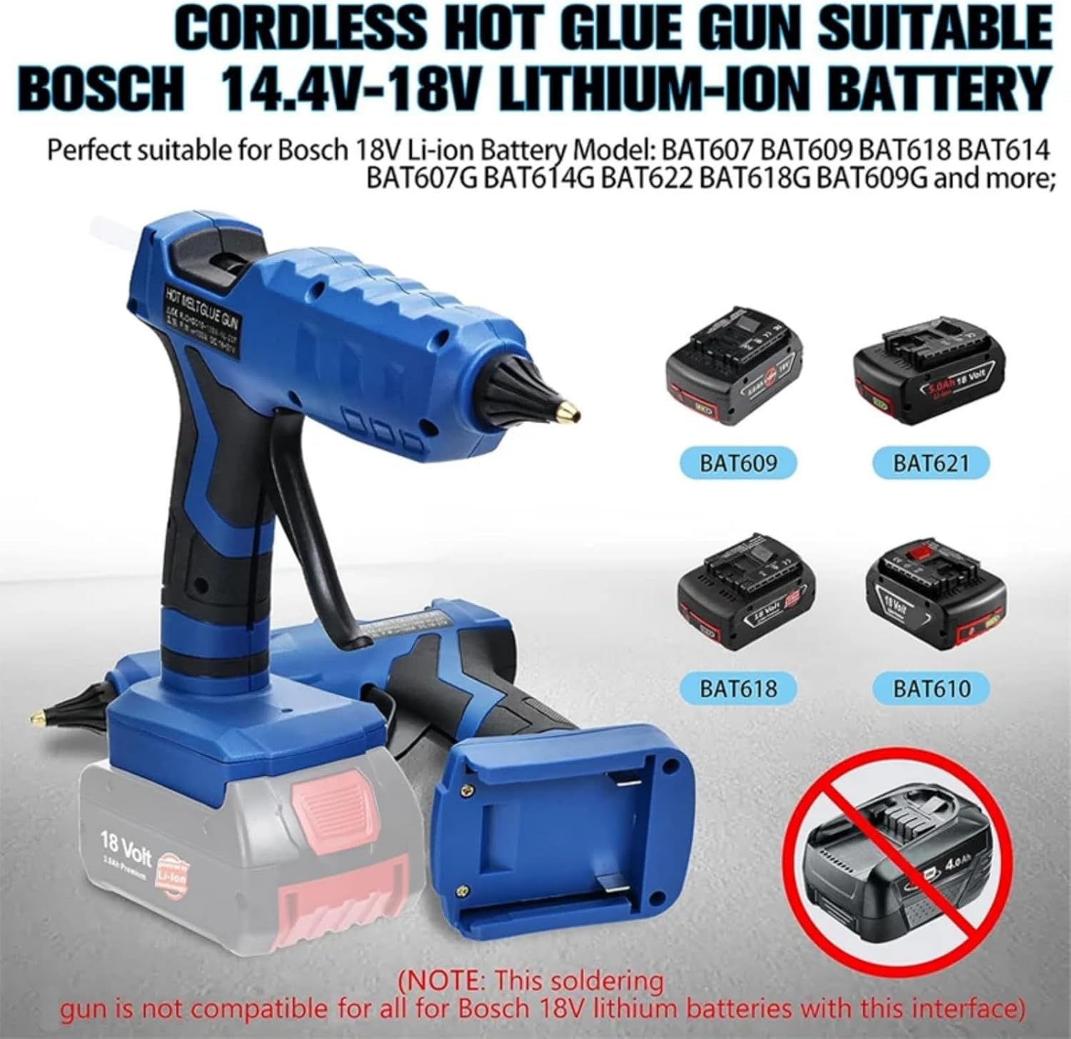 50W Cordless Hot Glue Gun for Power Tool Batteries, Fast Heat Up with LED Indicator, Compatible with Bosch 18V Battery, Includes 20pcs 7mm Glue Sticks for Arts & Crafts & DIY (No Battery)​