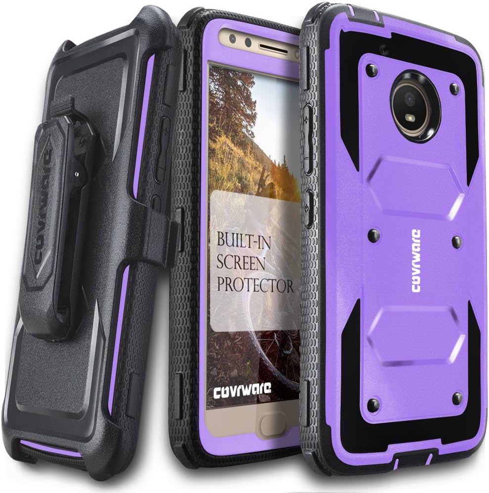 COVRWARE Aegis Series Case Compatible with Moto E4 Plus with Built-in [Screen Protector] Heavy Duty Full-Body Rugged Holster Armor Case [Belt Swivel Clip][Kickstand], Purple