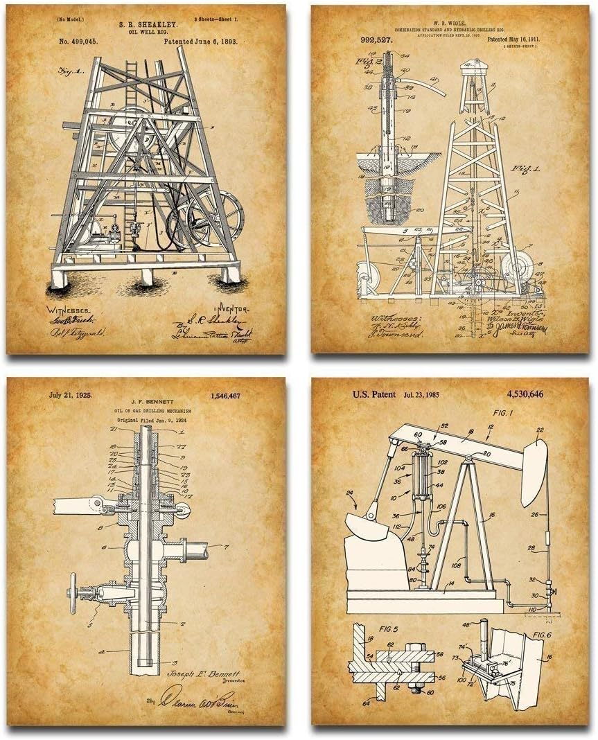Oil Field Decor Rig Patent Art Prints - Set of Four Photos (8x10) Unframed - Great Office Decor and Gift for Petroleum Engineers, Landmen, Drillers and Roughnecks Under $20