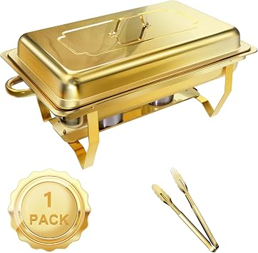 1 & 4Pack Chafing Dishes for Buffet, 8QT Gold Chafing Dish Buffet, with Full Size 1/2/3 Food Pan, Rolled-Edge Design Food Warmers for Parties, Buffet, Wedding, Birthday, Camping 1 Food Pan Set