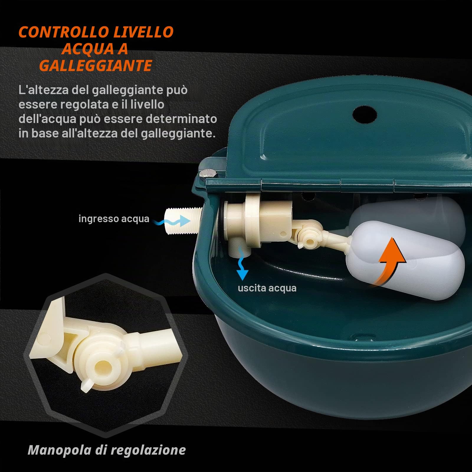 Abbeveratoio Automatico In Acciaio Inox con Valvola a Galleggiante Regolabile e Foro di Scarico Per Abbeveratoi Per Cavalli, Bovini, Capre, Pecore e Cani (Verde Scuro)