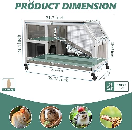 Miniatura 2 de Jaula para conejos interior - Jaula de madera para conejos de 91 cm con ruedas, jaula para conejos, jaula para conejillos de indias, bandeja