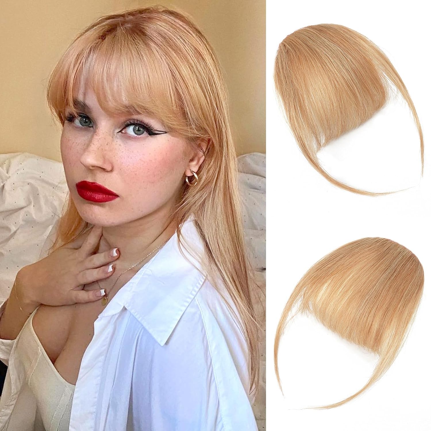 Lommel Clip in Bangs-100% Human Hair Bangs, Fake Bangs for Women Bangs Hair Clip Hair Extensions Clip on Air Bangs Hairpieces with Temples for Daily Wear(Strawberry Blonde)