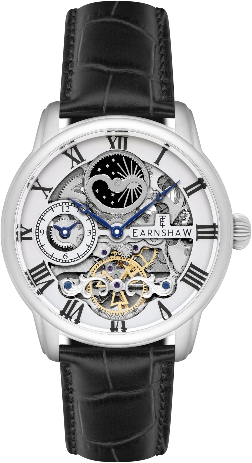 Mens 44mm Longitude Dual Time Automatic Skeleton Watch with 12 Hour Dual Time, Sun & Moon Display and Decorated Rotor