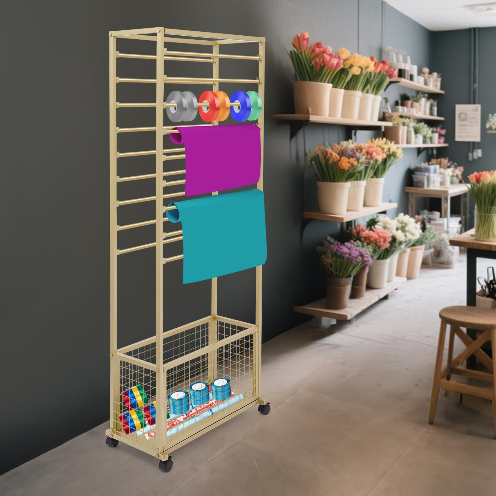 CNCEST Double Sided 20-Layer Ribbon Holder Organizer Rack,Free Standing Mobile Ribbon Holder,Metal Ribbon Stand Organizer Ribbon Storage Shelf for Craft Room,Wrapping Paper (Gold,20 Layer)