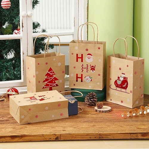 Miniatura 4 de Vammy Paquete de 24 pequeñas bolsas de regalo de Navidad con asas, 6 diseños, bolsas de papel kraft de Navidad a granel para Navidad, fiestas y