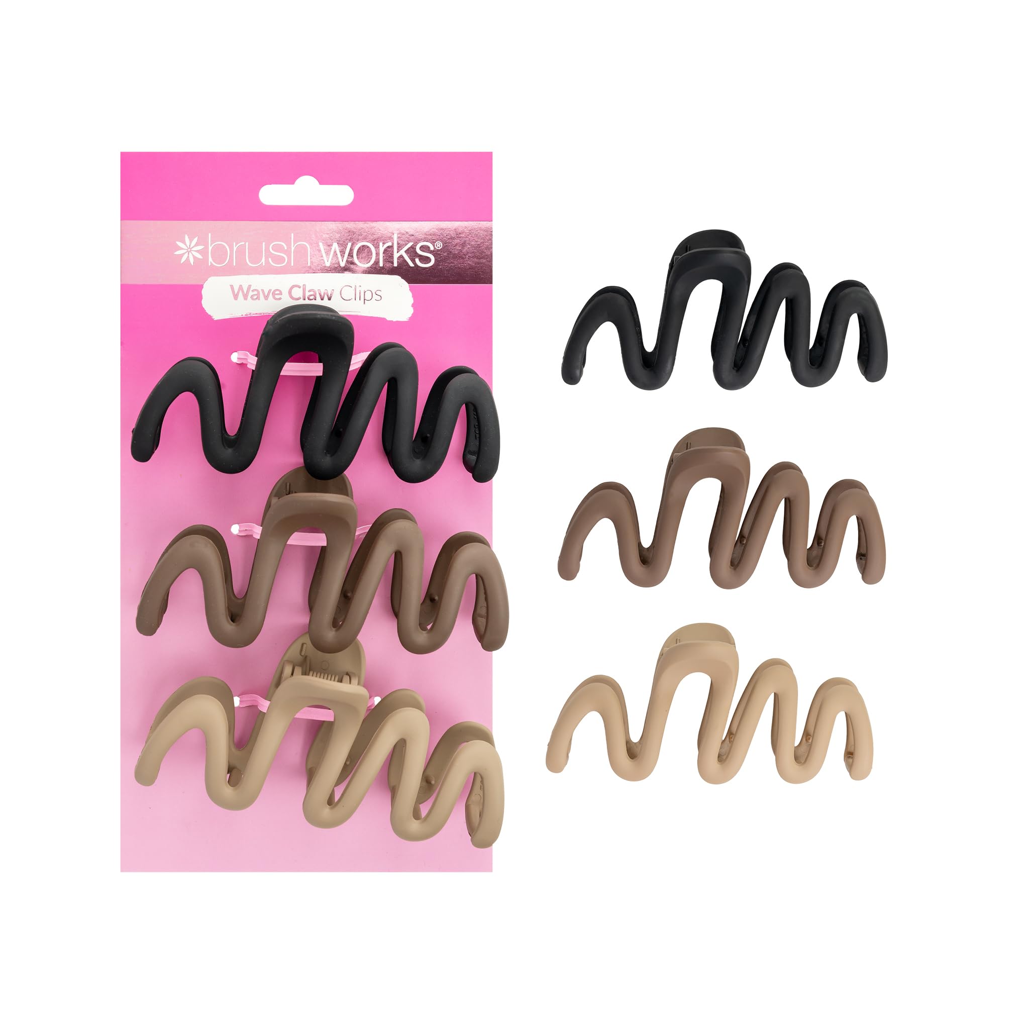 Brushworks Wave Claw Clips – 3 Pack Large Hair Claw Clips, Strong Grip & Gentle Hold, Suitable for Thick & Fine Hair, Neutral Colour - Black, Brown, Beige - Hair Accessories for Women, All Hair Types