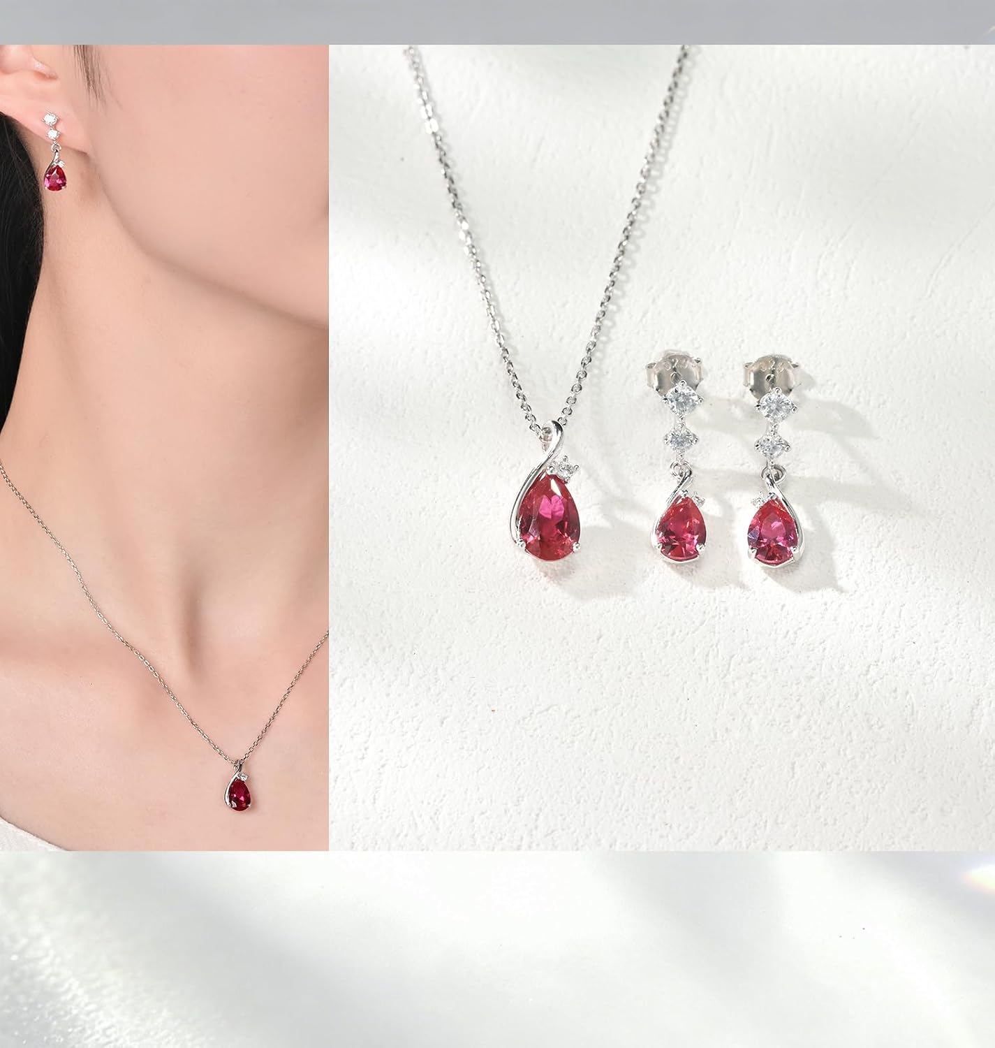 immobird Necklace and Earring Sets for Women Dainty Teardrop Birthstone Jewelry Sets for Women with CZ 925 Sterling Silver Necklace and Earring Sets for Birthday Gift