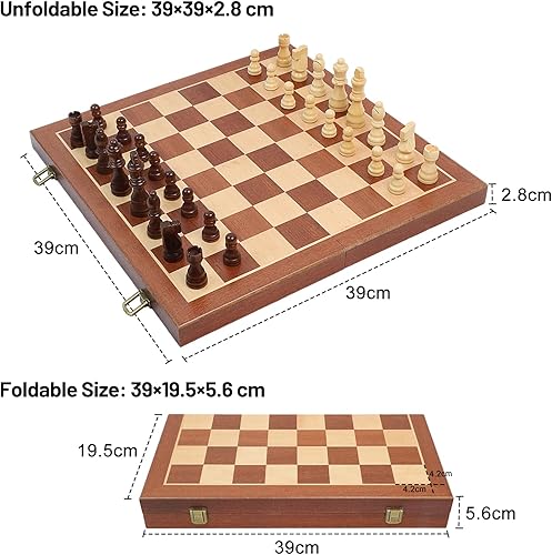 Miniatura 3 de LEAP Ajedrez plegable de madera de 15 pulgadas piezas de ajedrez de altura King de 3 pulgadas, tablero plegable portátil de ajedrez de viaje,