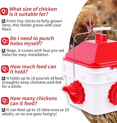 Miniatura 4 de GUEOQTC Comedero para pollo de 10 libras con 4 puertos, alimentador impermeable para aves de corral para hasta 10 pollos adultos o 15 pollitos (rojo)