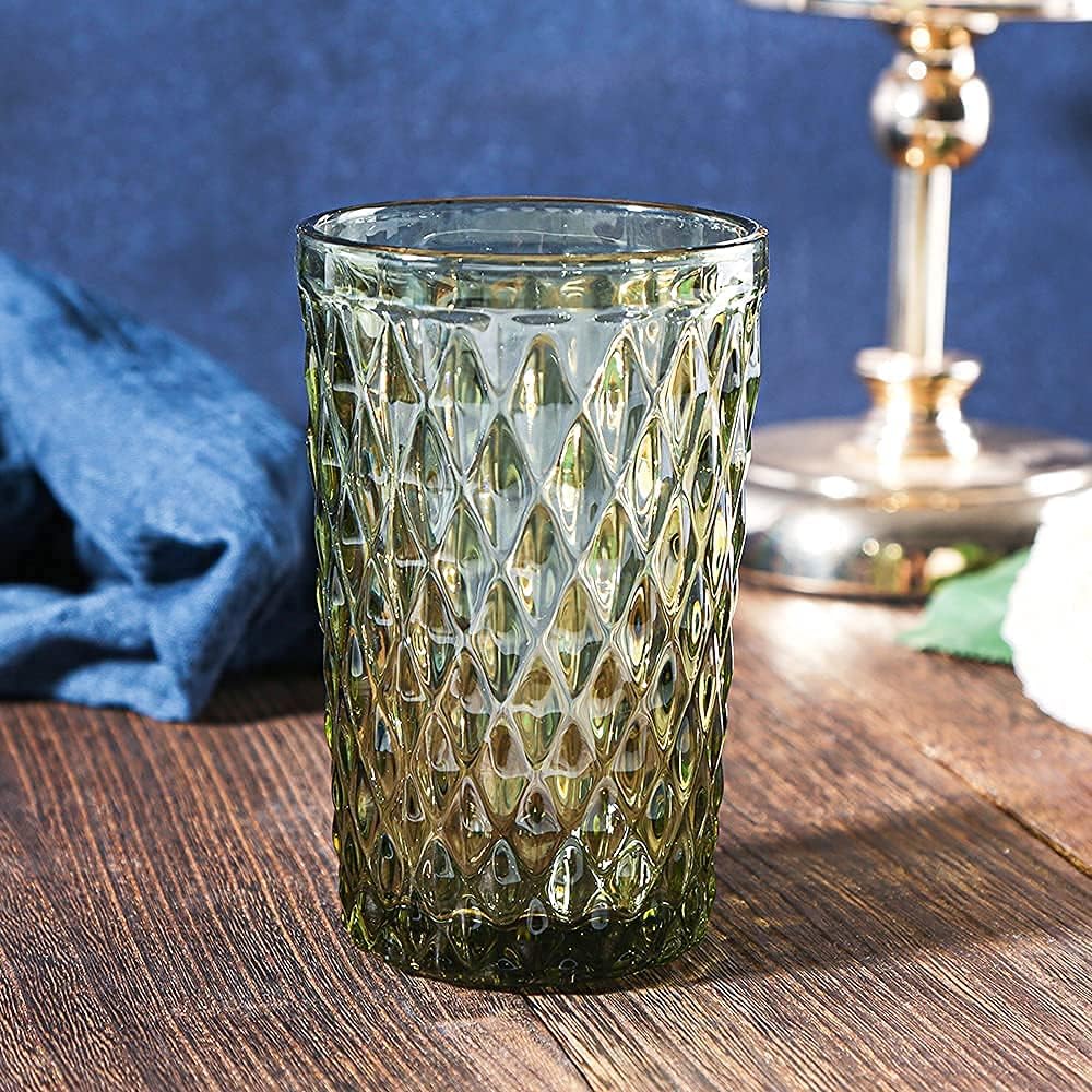 Bandesun Green Drinking Glass Set of 6 - Tumbler๏ผ12 oz๏ผ Kitchen Glasses Diamond Glassware๏ผfor Water๏ผCocktail๏ผMilk๏ผJuice and Beverage.