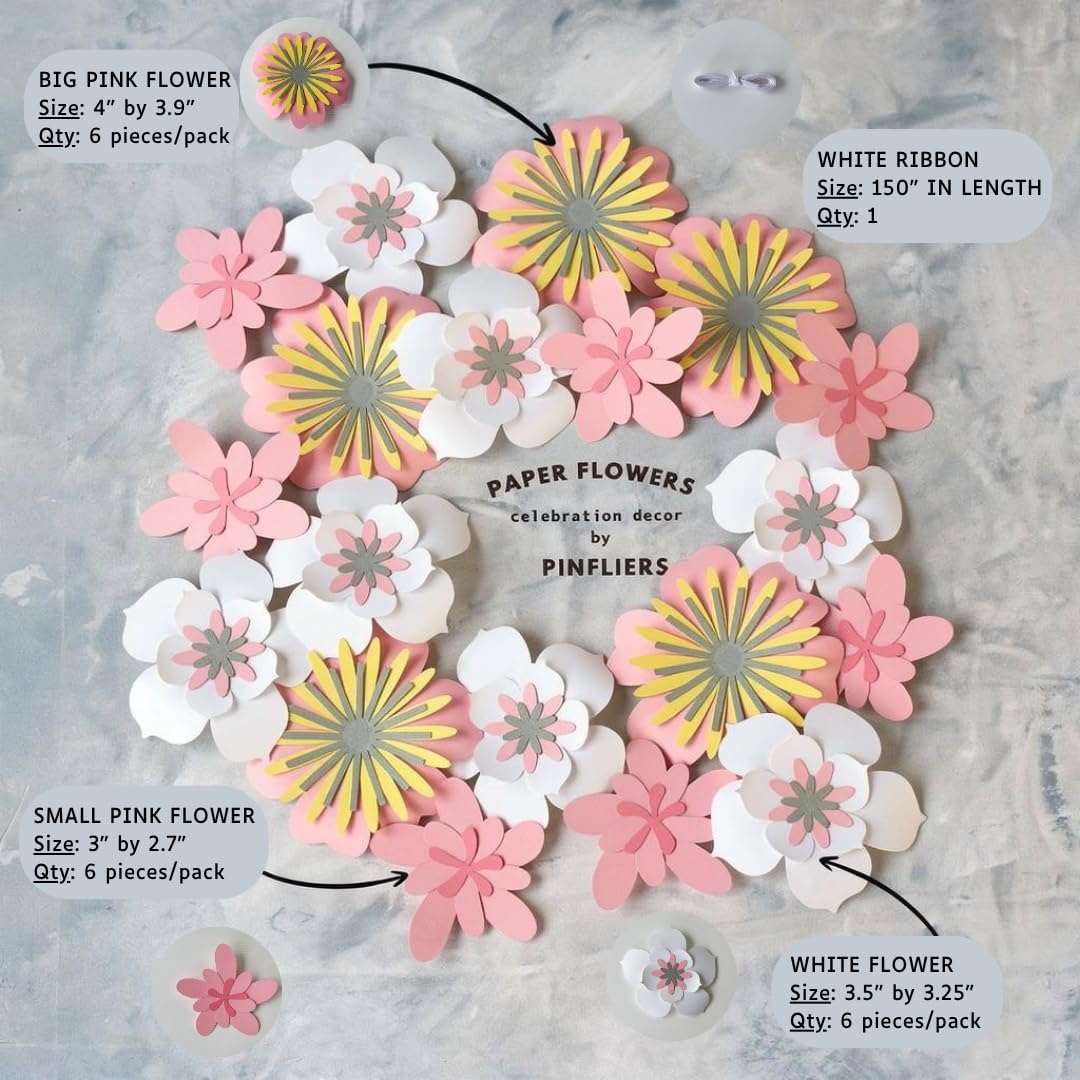 Pinfliers 1st Birthday Decoration Kit, Welcome Baby Home, 6 Months Bday/Kids Room/Naming Ceremony/Backdrop Décor, Pastel Pink,White Party for Girls, Garland/Banner/Bunting, 18 Paper Flowers, 60 inch 2