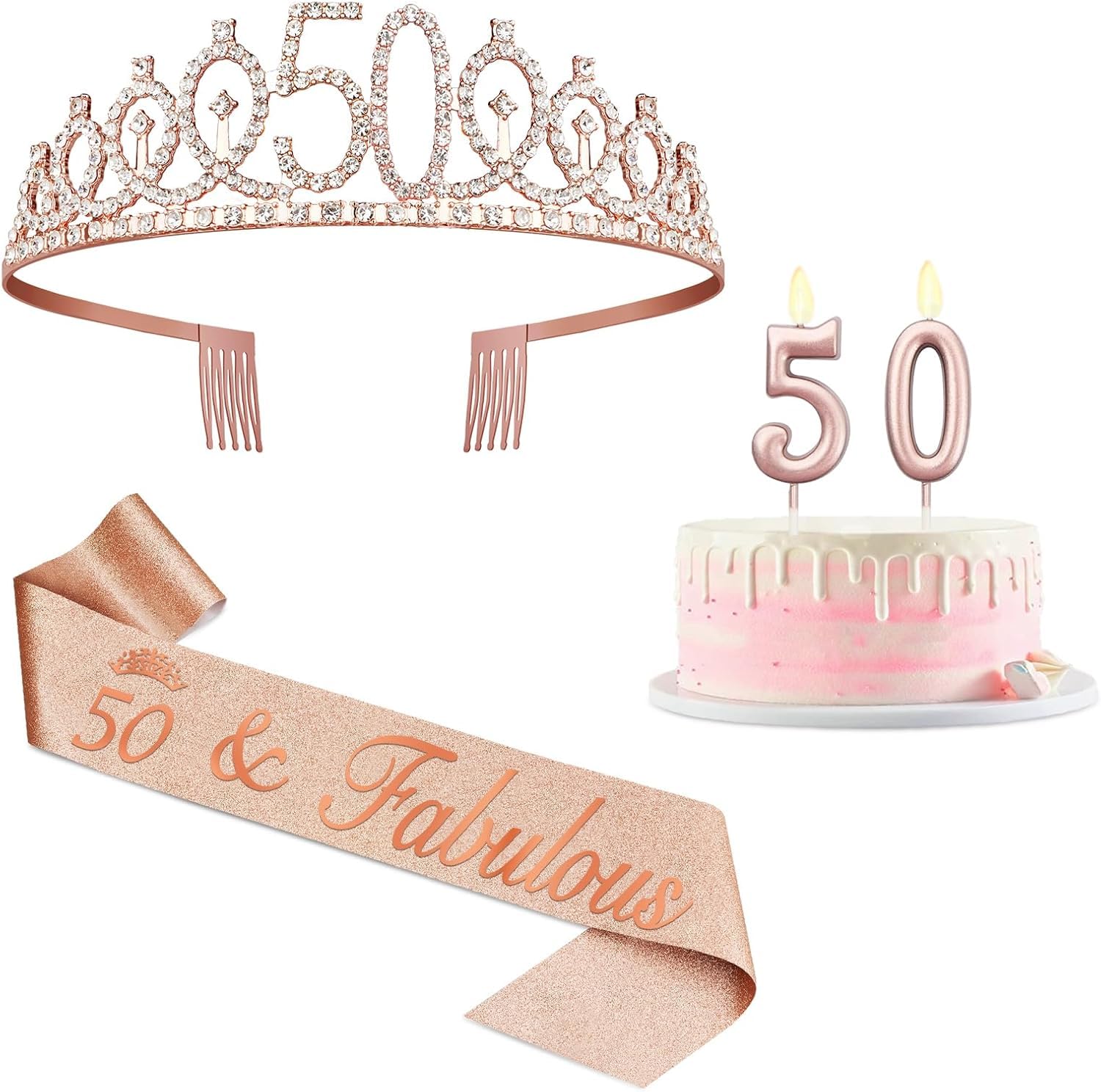 50th Birthday Decorations for Her, 50th Birthday Sash and Tiara, Rose Gold Sash and Crown for Women Turning 50, Rose Gold Number Candles 50 โ image 1