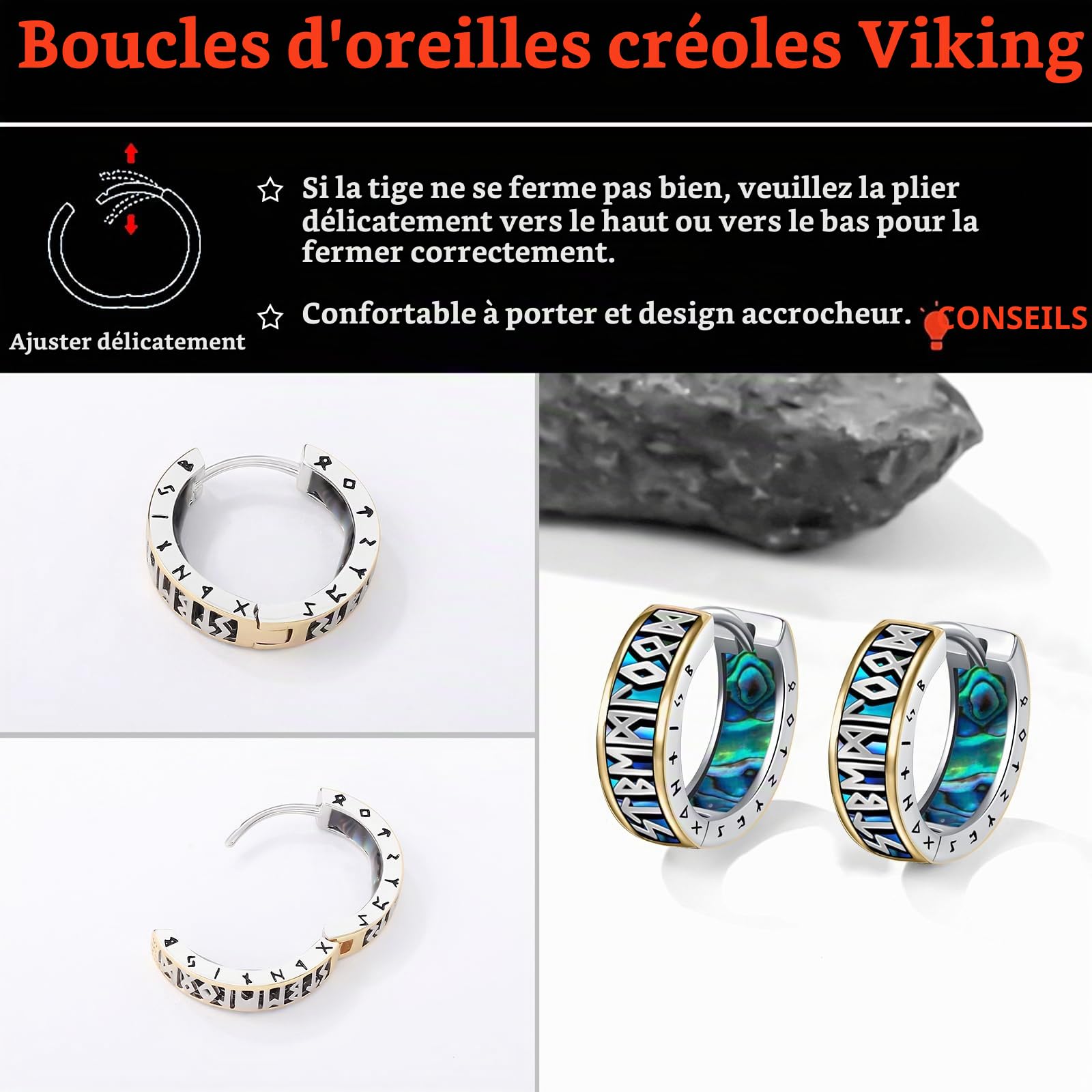 Boucles d'oreilles Créoles pour Homme Femme - Boucles d'oreilles Viking en Argent Sterling 925 - Rune Créoles - Cadeau d'anniversaire pour Homme Femme