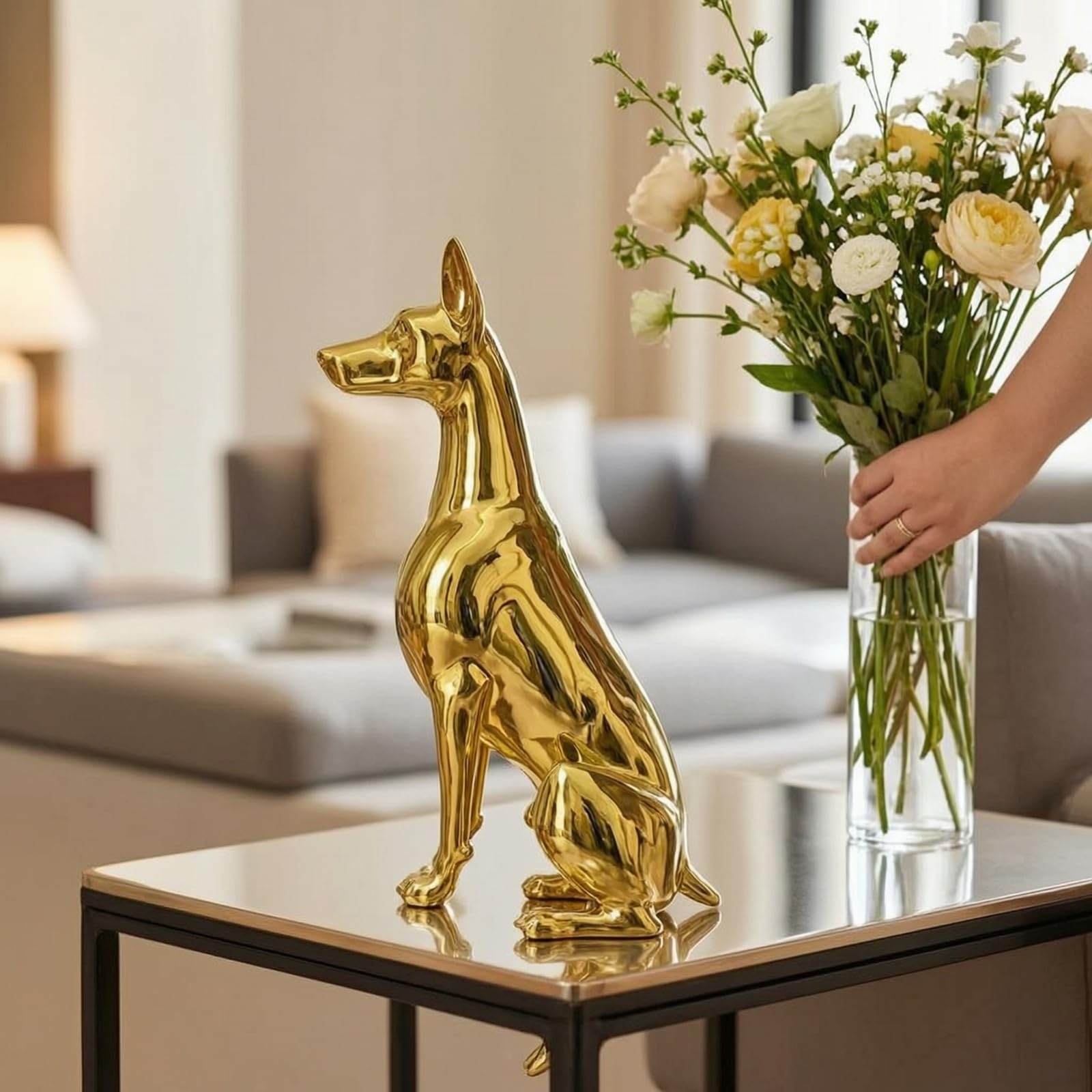 Statuetta Levriero Figurina Cane Scultura Decorazione Tavolo in Resina Finitura Brillante Superfici Luminose Salvaspazio Adatta per Mensole Consolle Mobile Tv Studio, Oro