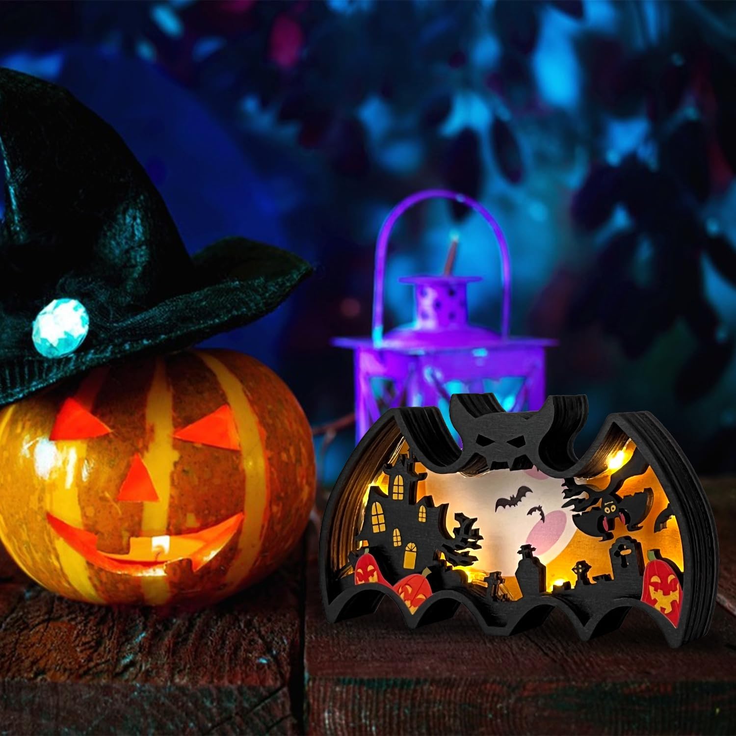 SULOLI Halloween Wooden Lighted Table Decoration, Light Up Bat Table Ornament Wooden Shadow Box for Halloween Party Dinner Coffee Table Decoration