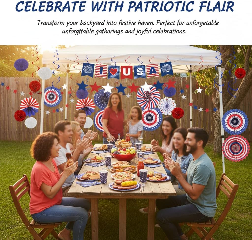 26 Pcs Red White and Blue Decorations,4th of July USA Decorations, Patriotic Party Paper Fans Pom Poms Hanging Swirls for Independence Veterans Labor Presidents Flag Memorial Day