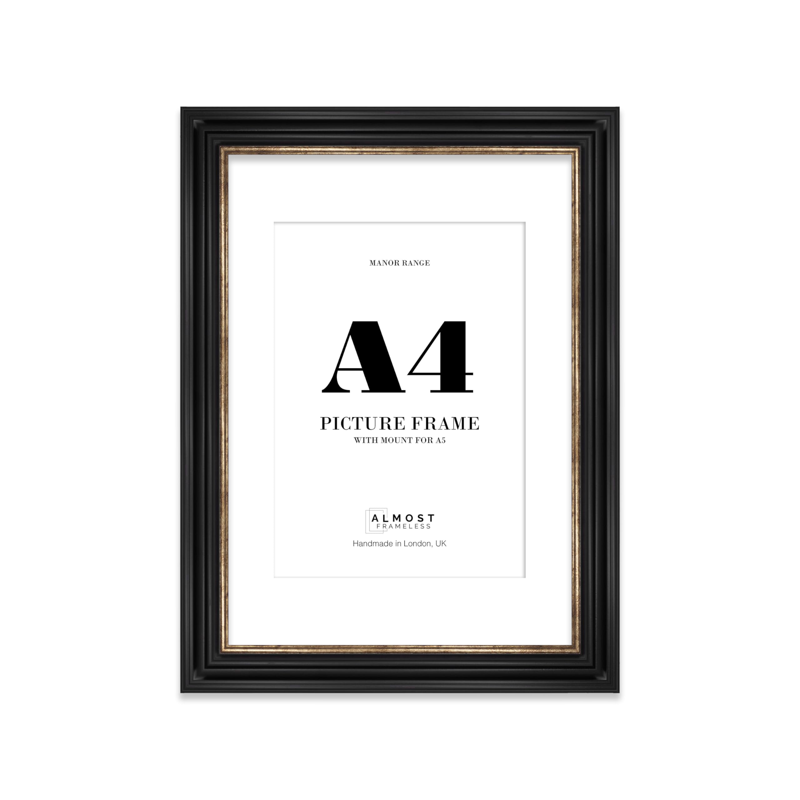 Almost Frameless A4 Black and Gold Picture Frame - A4/A5 Frame with A5 Mount, Vintage Style, 1 Pack