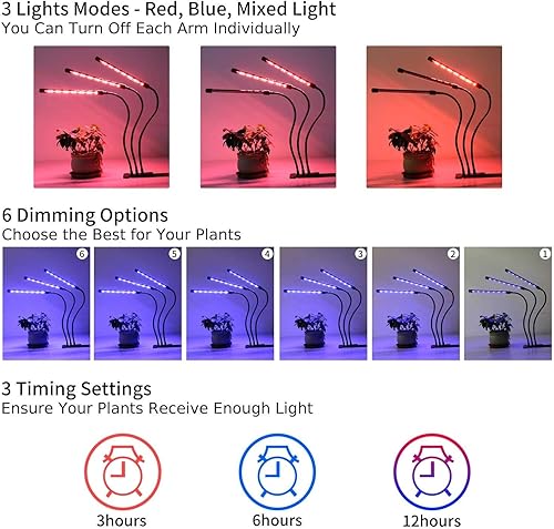 Miniatura 2 de Wonder Comfort Luz LED de crecimiento de espectro completo, lámpara de plantas de 3 cabezales con clip de temporizador, 3 modos de iluminación y 6