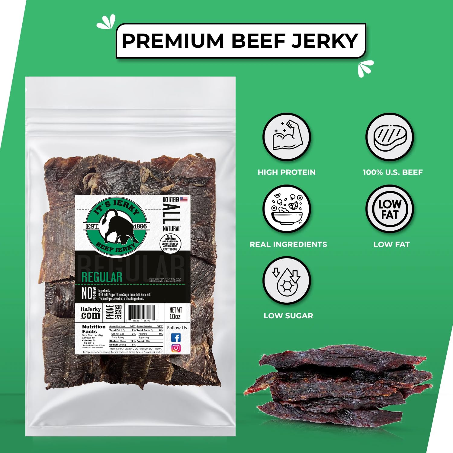 It's Jerky, Its Jerky Beef Jerky, Regular, 10 Ounce, 13g of Protein, 70 Calories, Premium Beef, 98% Fat Free, Keto, Gluten Free, High Protein Meat Snack, Original Beef Jerky