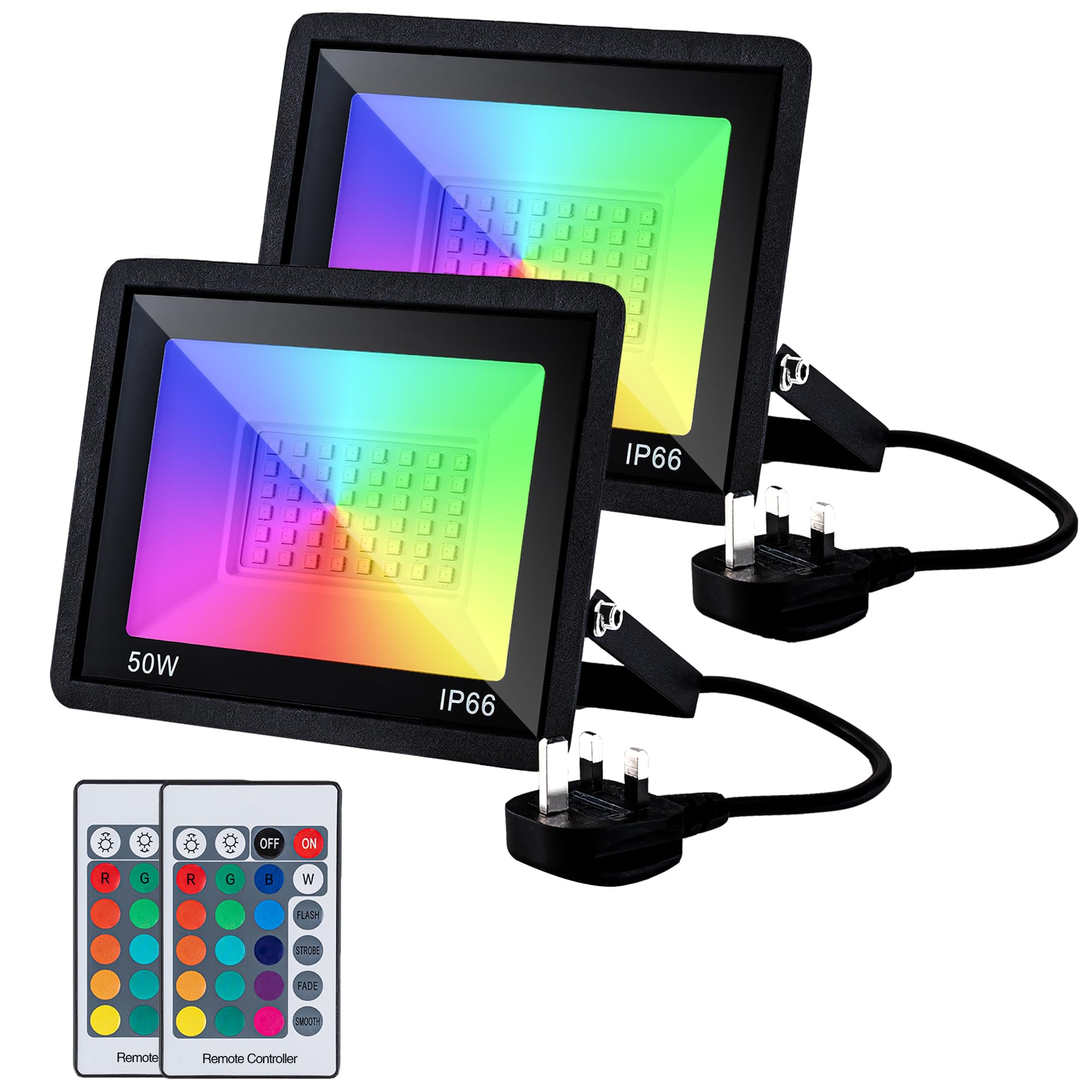 FTL LED Floodlight Outdoor, 50W 500W Equivalent, RGB Colour Changing Flood Lights with Remote Control, IP66 Waterproof Garden Lighting,UK3-Plug,2 Pack