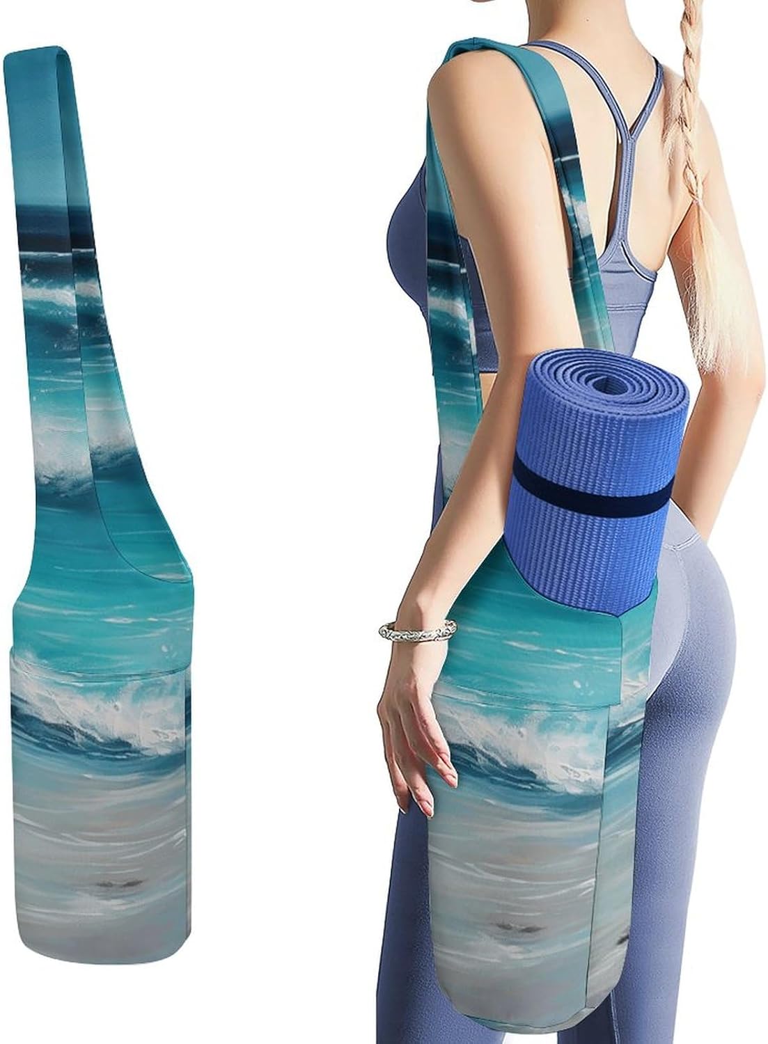 Yoga Mat Organizer, Turquoise Beach Original Seascape Print Yoga Mat Bag Gym Mat Bag Canvas Storage Bag Durable Yoga Carrier