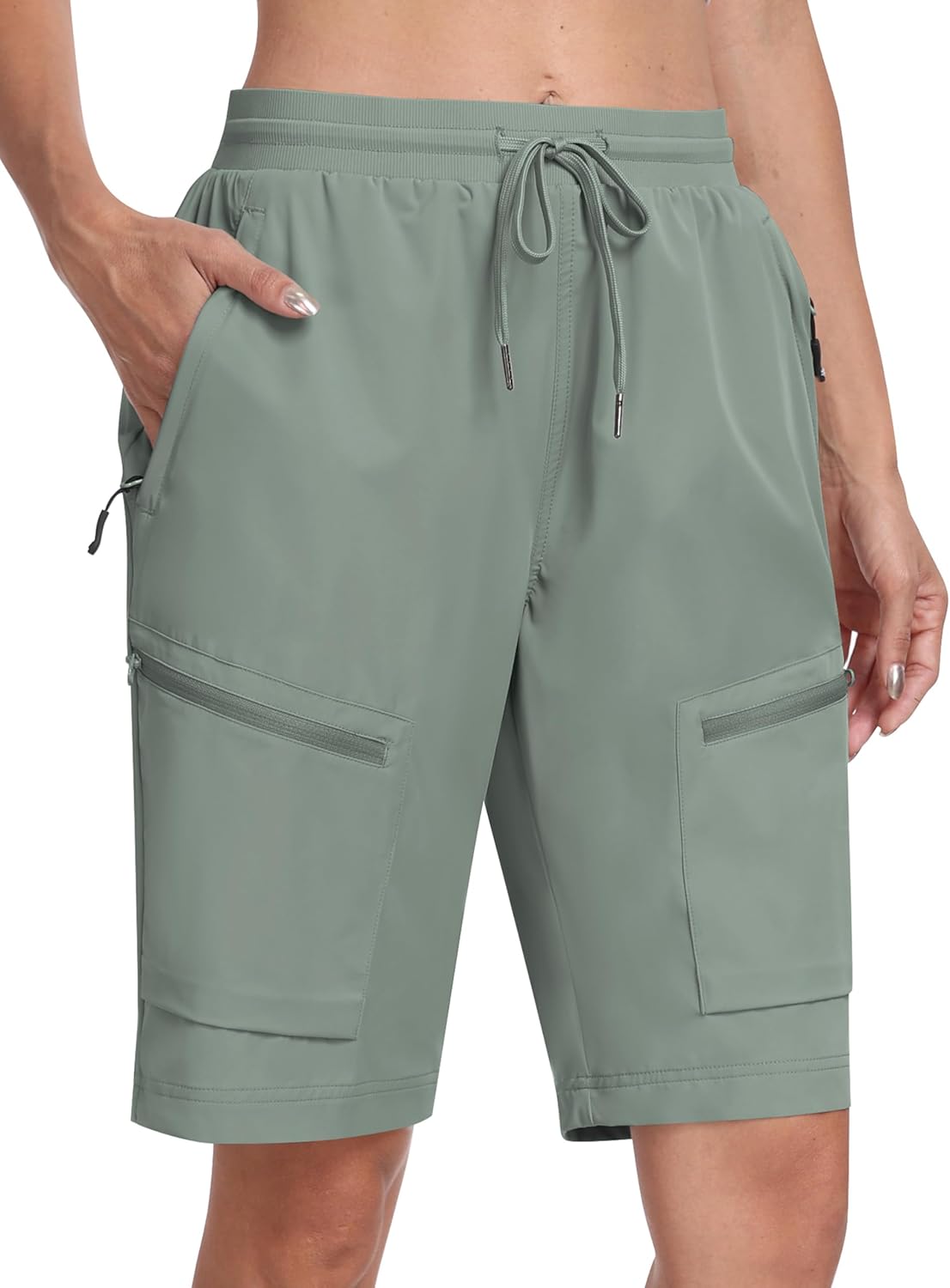 MoFiz Womens 10" Long Shorts for Women Knee Length Quick Dry Women Hiking Cargo Athletic Travel Golf Shorts with Zip Pockets