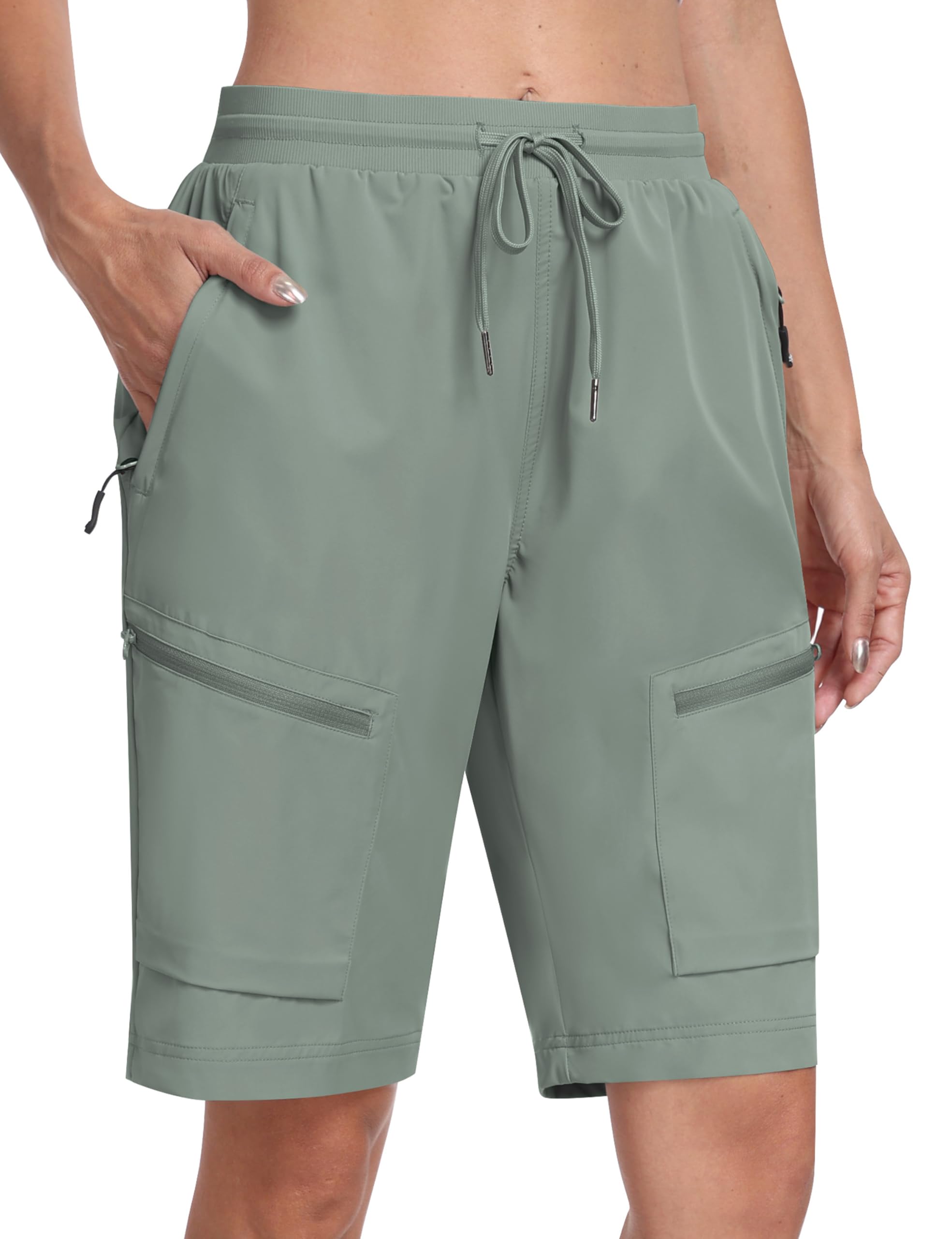 MoFiz Womens 10" Long Shorts for Women Knee Length Quick Dry Women Hiking Cargo Athletic Travel Golf Shorts with Zip Pockets