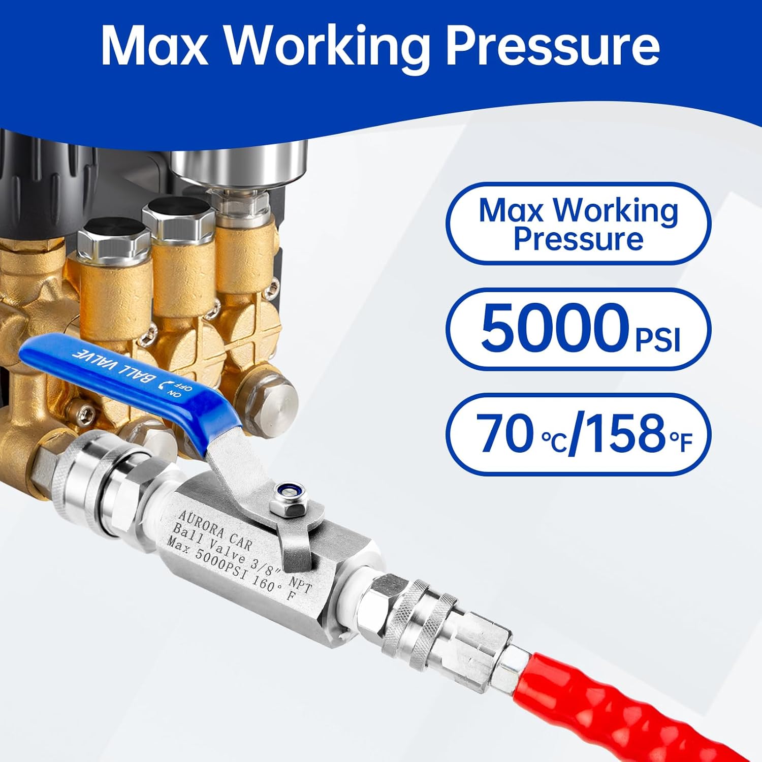 AURORA CAR Ball Valve Pressure Washer, 3/8" Quick Connect Ball Valve for Power Washer Hose, 5000 PSI Shut Off Valve for High Pressure Washer Hose, Stainless Steel