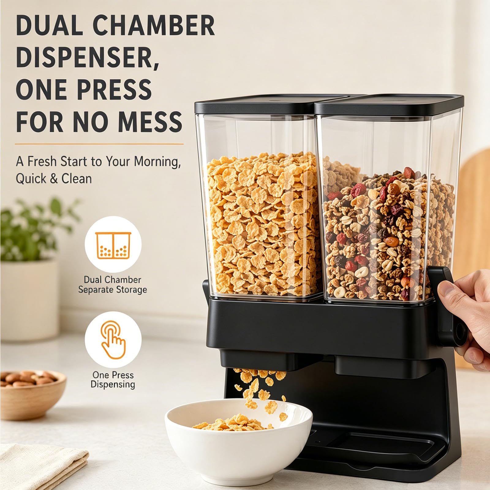 Müslispender 2er Set, 2 x 3L Cereal Dispenser, auslaufsicher & lebensmittelecht, klare Luftdichte Behälter für Cornflakes, Nüsse, Kaffeebohnen & Haferflocken, platzsparend für die Küche (Schwarz)