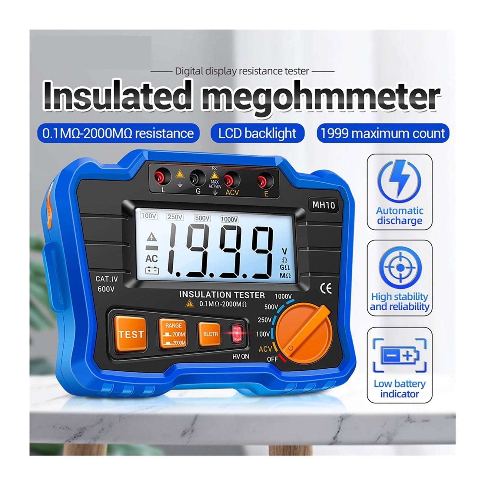 Probador Megger Megóhmetro digital MH10, comprobador de resistencia aislamiento, multímetro con pantalla LCD(Oranje)