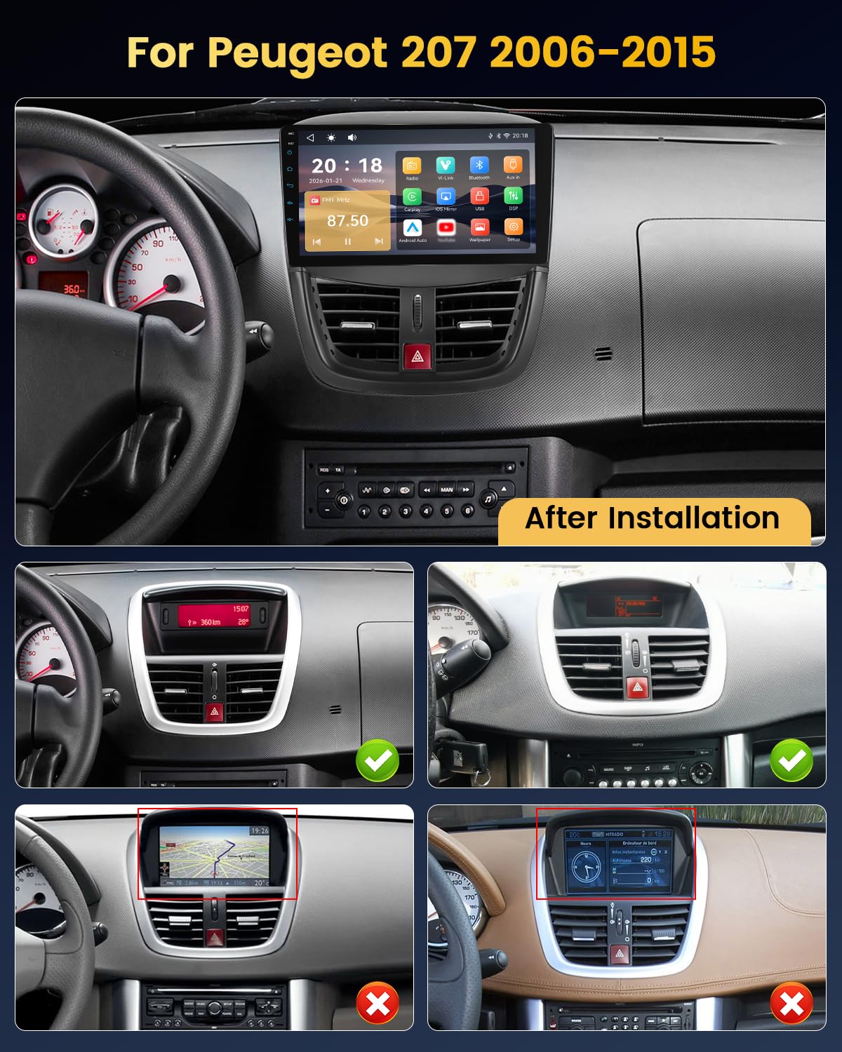 Autoradio per Peugeot 207 2006-2015 Schermo IPS 9" Touch Apple CarPlay e Android Auto Radio Bluetooth 5.1 FM RDS DSP Comandi al Volante Telecamera Retromarcia