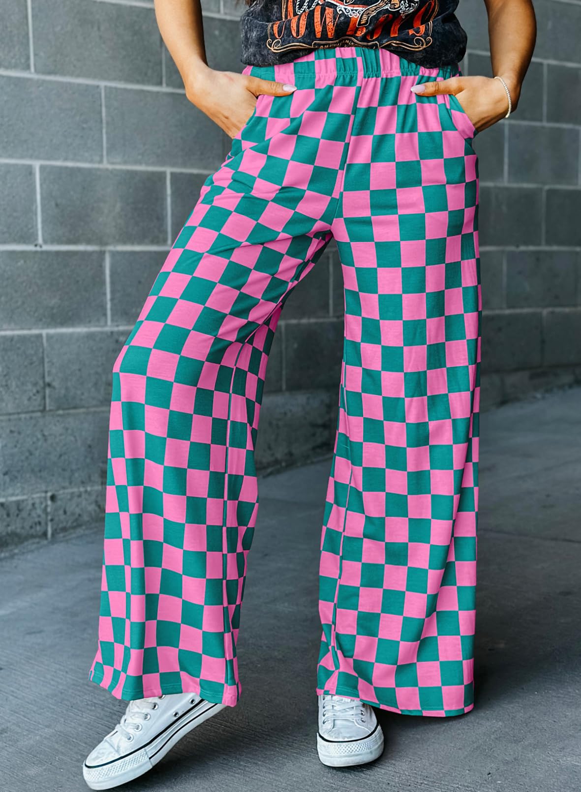 Acelitt Womens Casual Checkered Pants Elastic Waist Comfy Loose Wide Leg Pants with Pockets