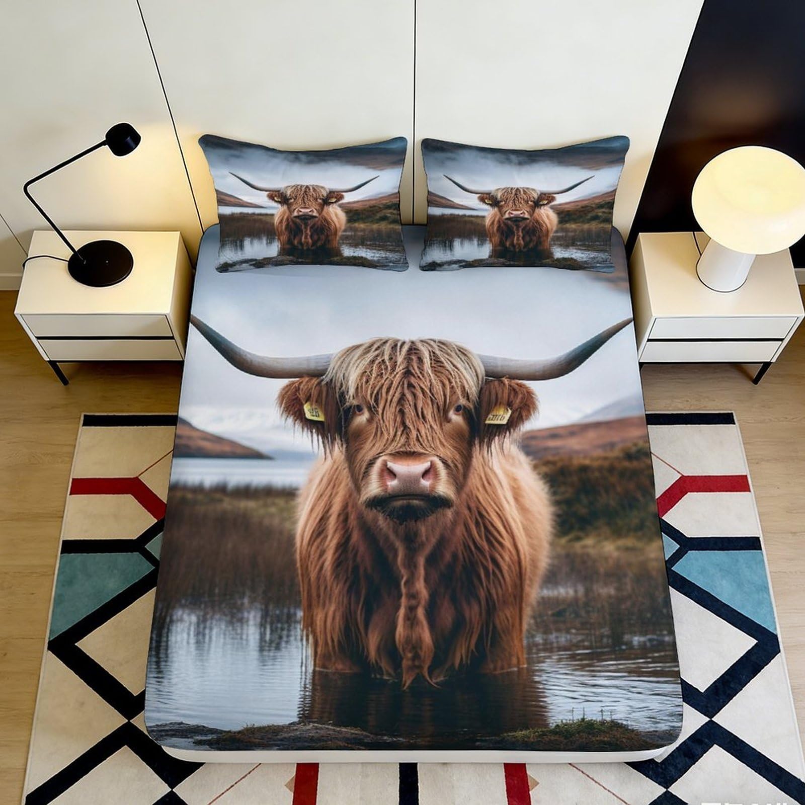 3D Printed Highland Cow Fitted Sheet Microfiber Soft Brown Animal Landscape Mattress Cover for Bedroom Dorm Decor 90x200x25cm