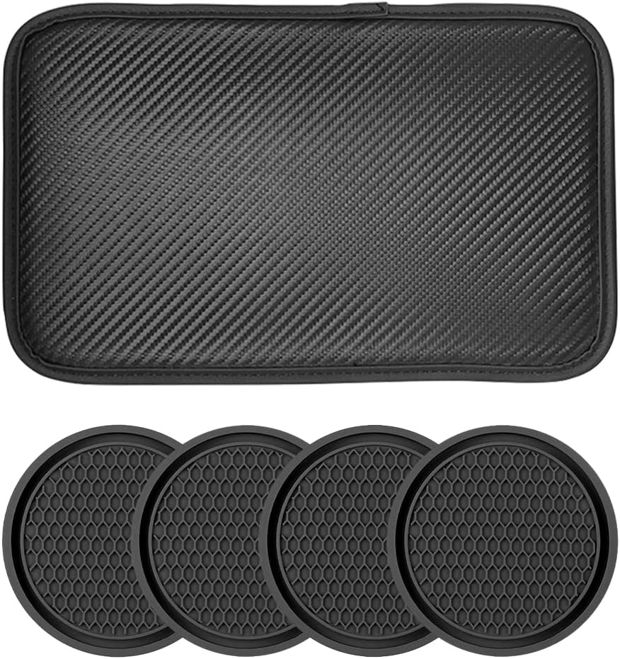 8sanlione Auto Leather Center Console Cushion Pad, Waterproof Car Armrest Seat Box Cover with 4PCS Car Coasters for Cup Holder, Interior Protection Accessories for Most Cars, Vehicles, SUVs