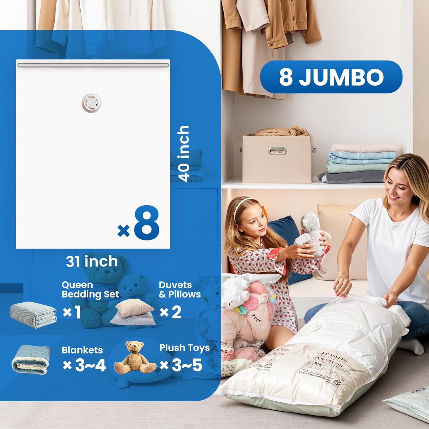 TAILI 8 Pack Vacuum Storage Bags for Comforter and Blankets, Jumbo Vacuum Seal Bags for Bedding 40x31 Inch, Space Saver Bags for Clothes, Pillows, Saving More Closet Space - Image 3
