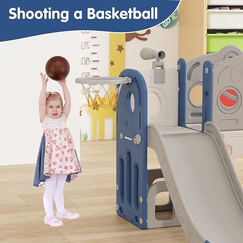 Miniatura 9 de Kinsuite Juego de toboganes 8 en 1 para niños pequeños de 1 a 3 años con aro de baloncesto, pelota, espacio de almacenamiento y telescopio, juego